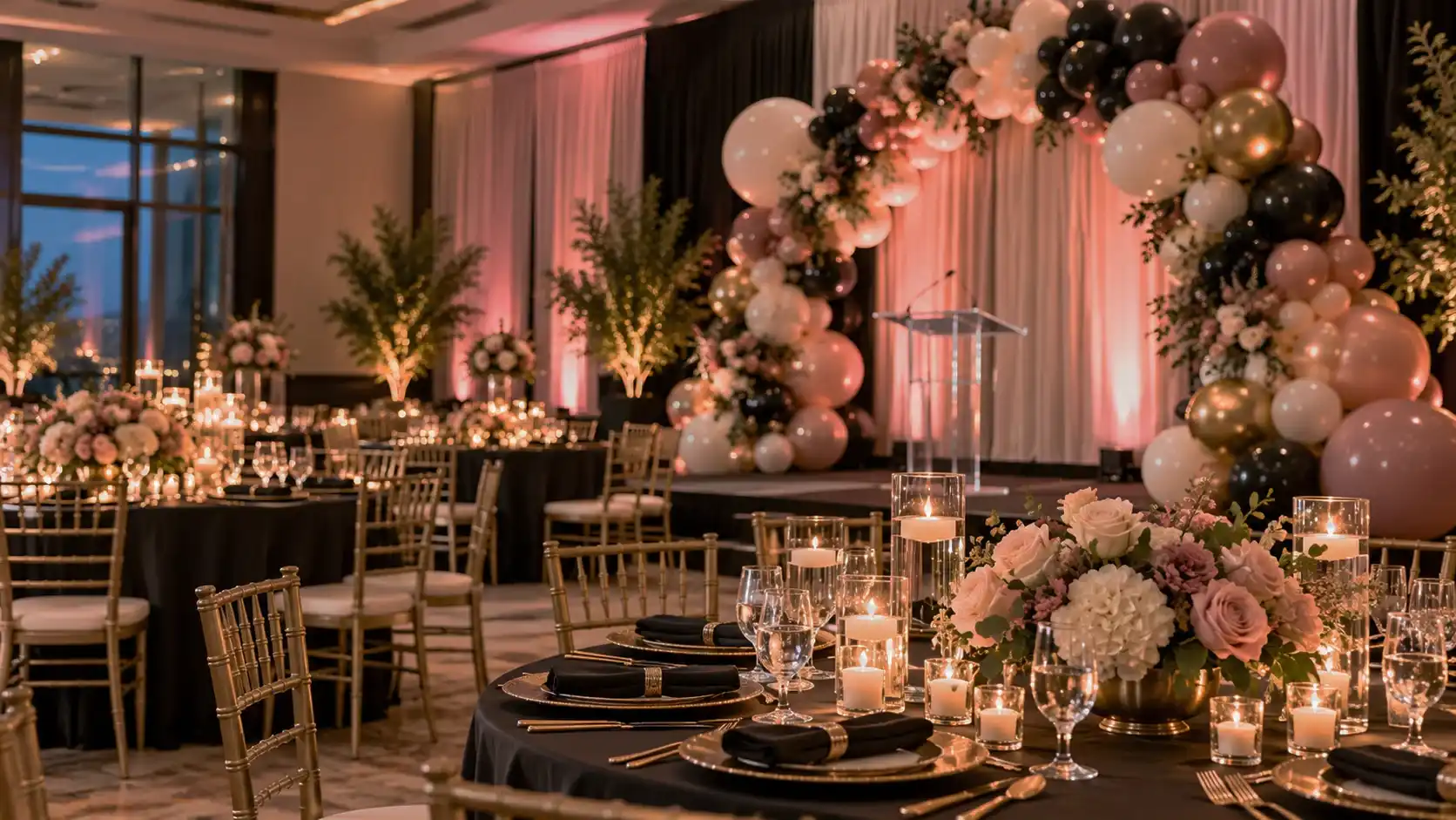 A hotel ballroom set for a corporate event with a black, blush and gold balloon arch around a staged podium