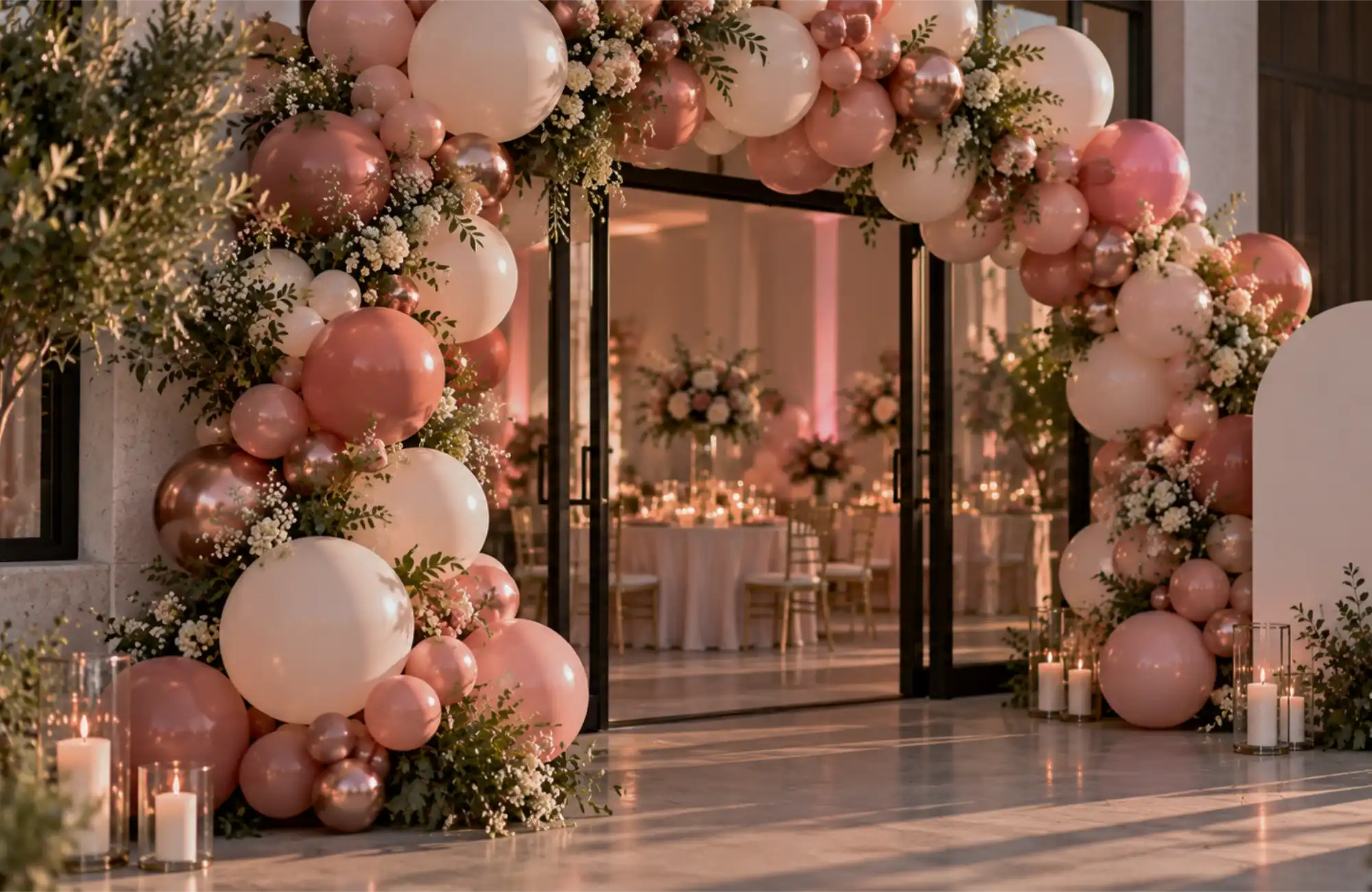 An organic balloon arch in blush, rose gold and white framing the entrance to a candlelit reception