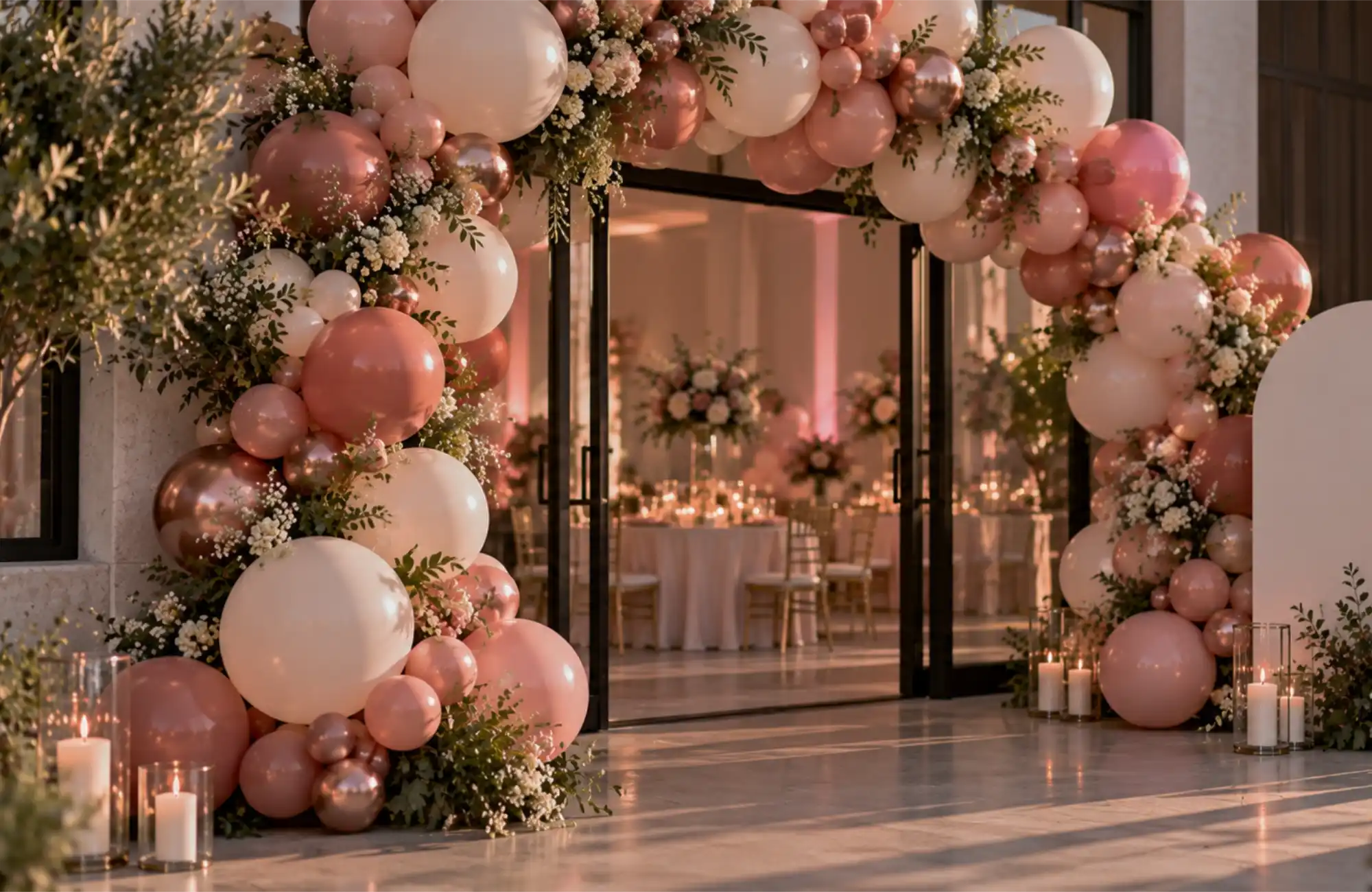 An organic balloon arch in blush, rose gold and white framing the entrance to a candlelit reception