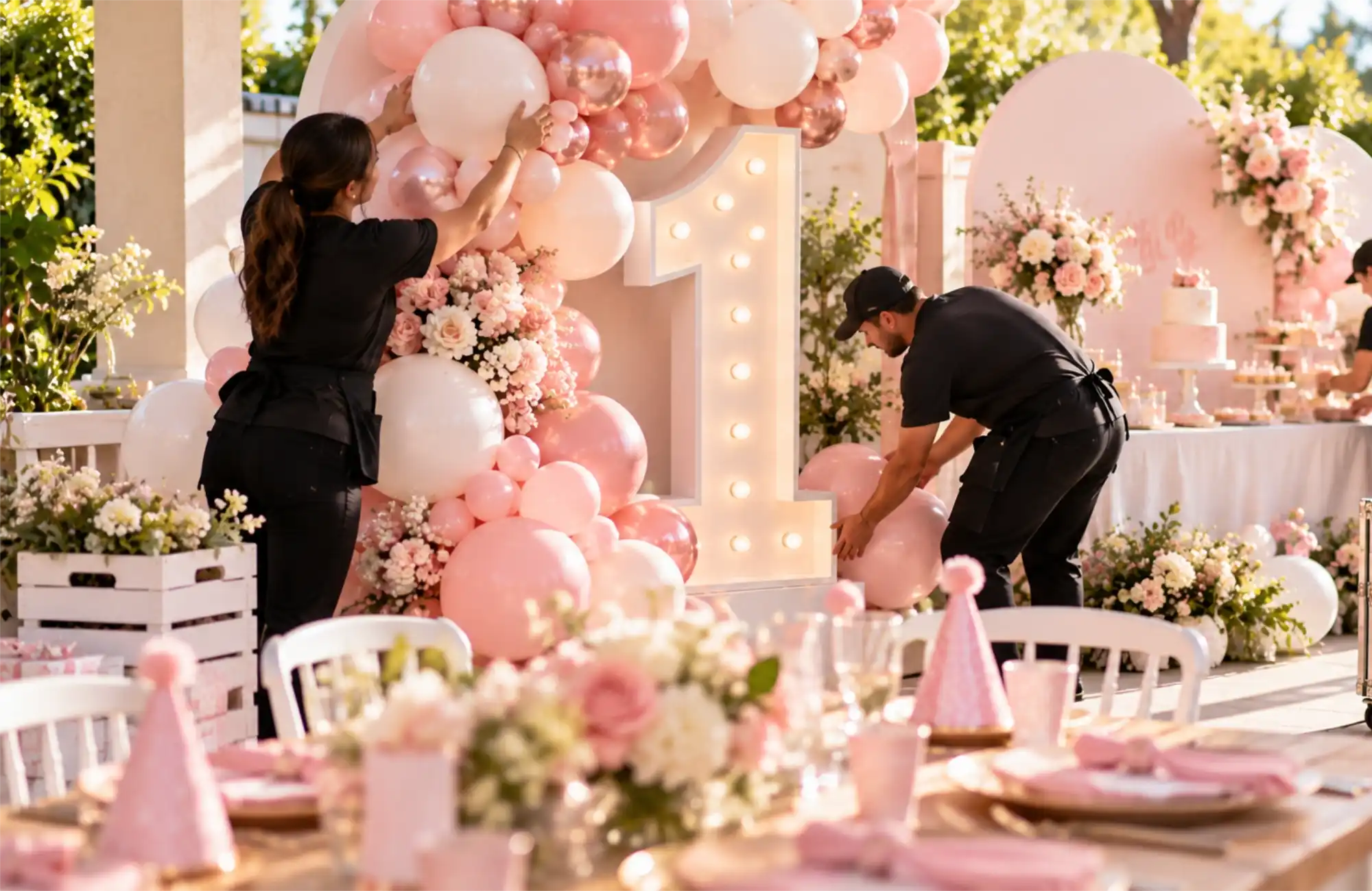 Two Emi Rose team members installing a pink balloon garland around a lit marquee number one at a birthday party