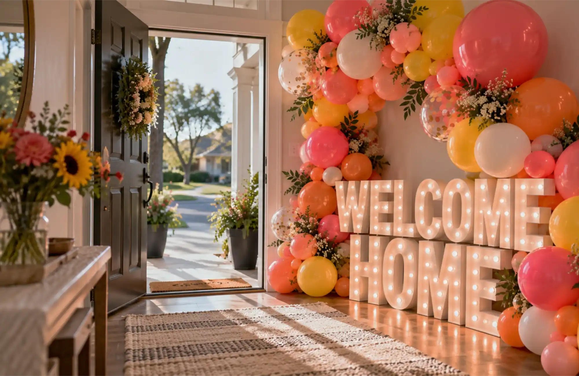 A coral and yellow balloon garland and lit Welcome Home marquee letters inside a front entryway