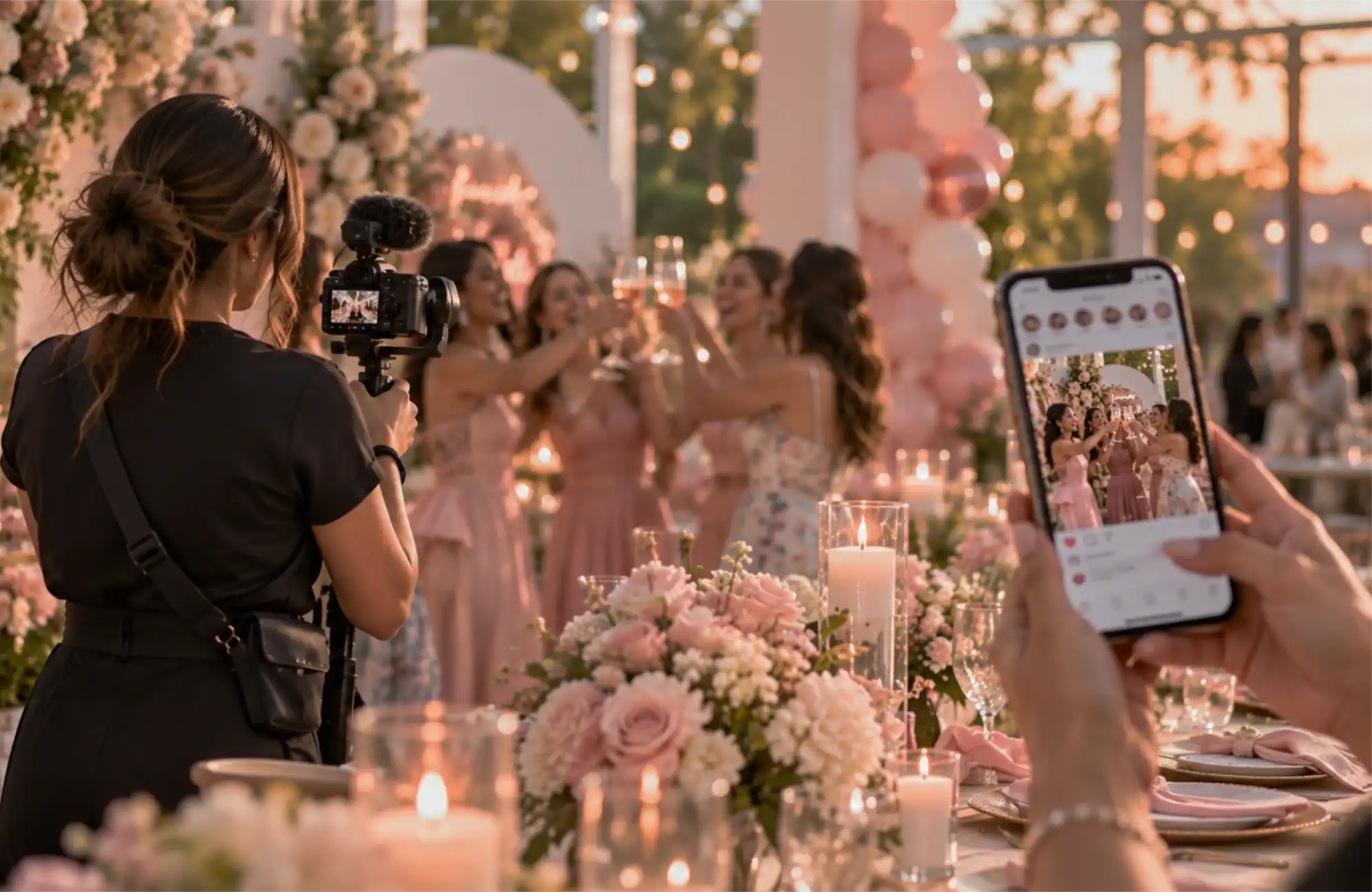 A content creator filming friends toasting at a blush reception while a guest shares the moment on her phone