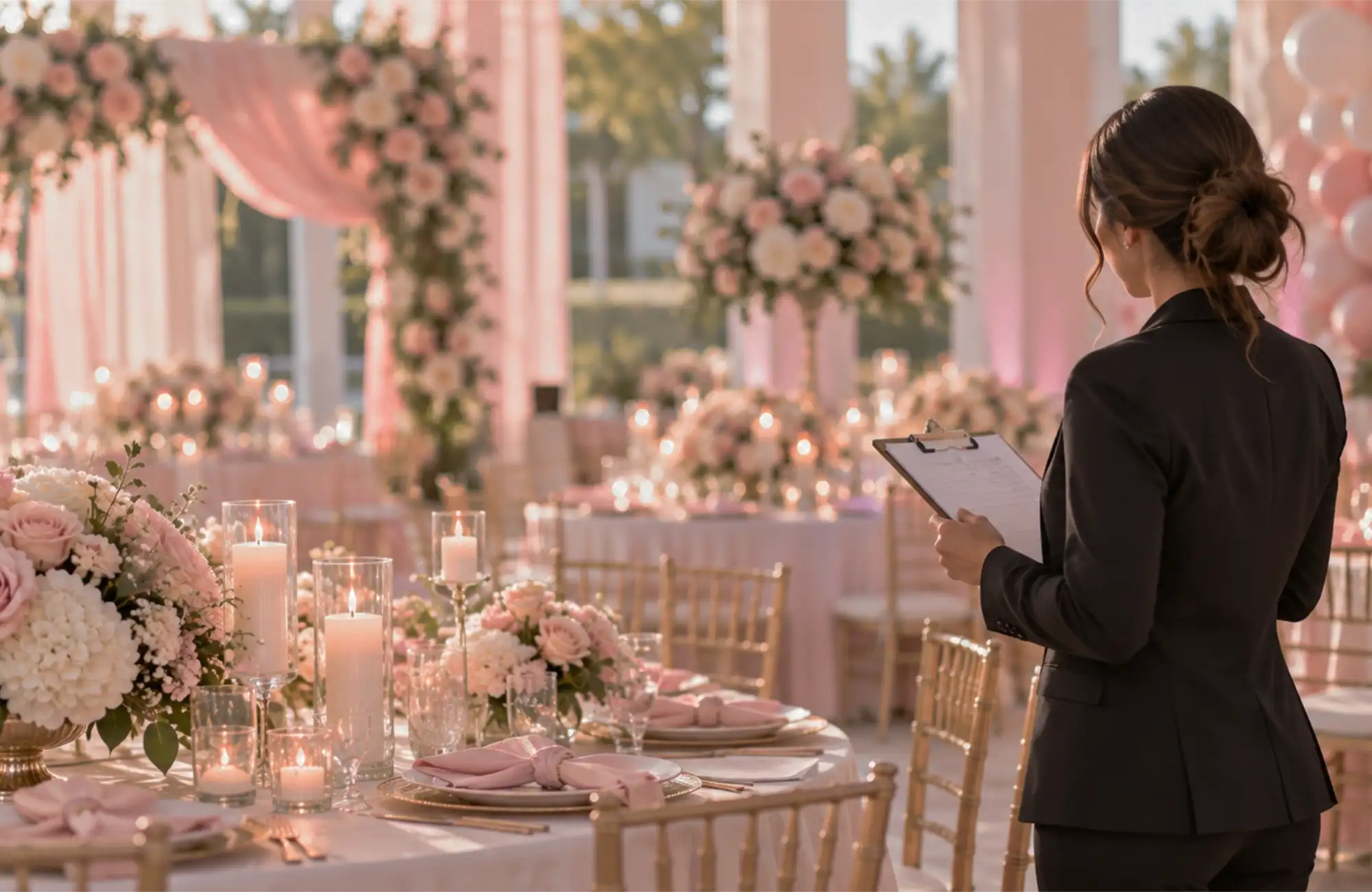 An event coordinator in black reviewing a clipboard in a candlelit reception room set with blush florals