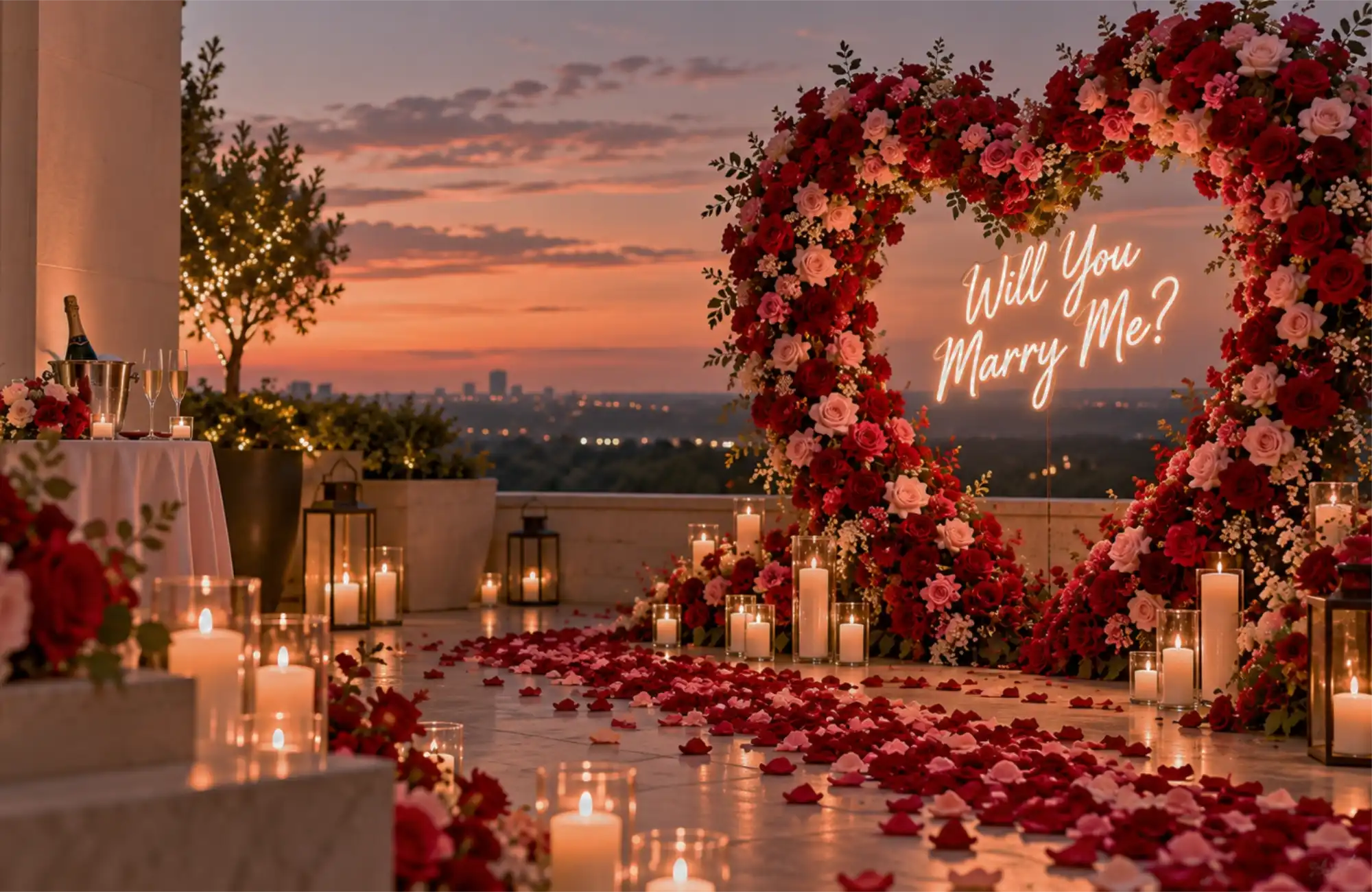A heart-shaped red rose arch with a Will You Marry Me neon sign, candles and rose petals on a rooftop at sunset