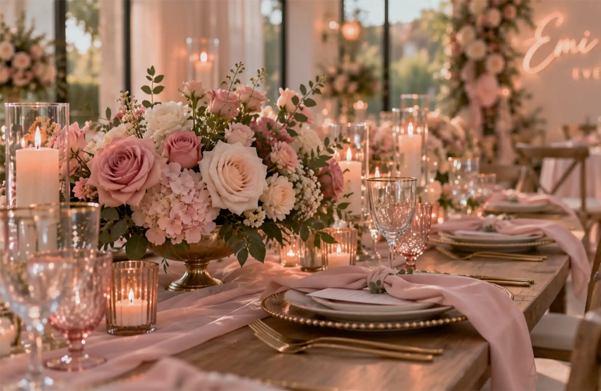 A reception table set with a blush rose centerpiece, candles, pink napkins and gold flatware