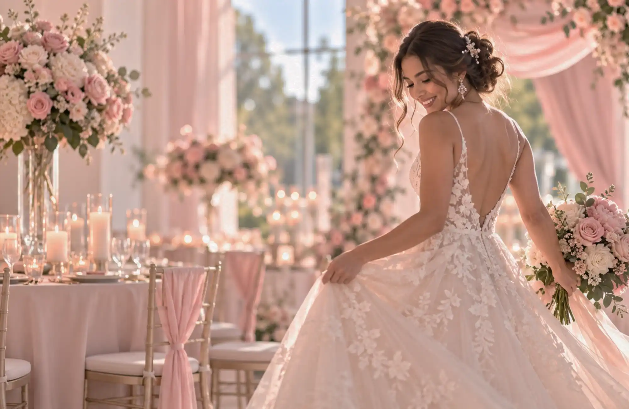 A bride in a lace gown holding her bouquet in a blush ballroom set with candlelit tables and rose arrangements