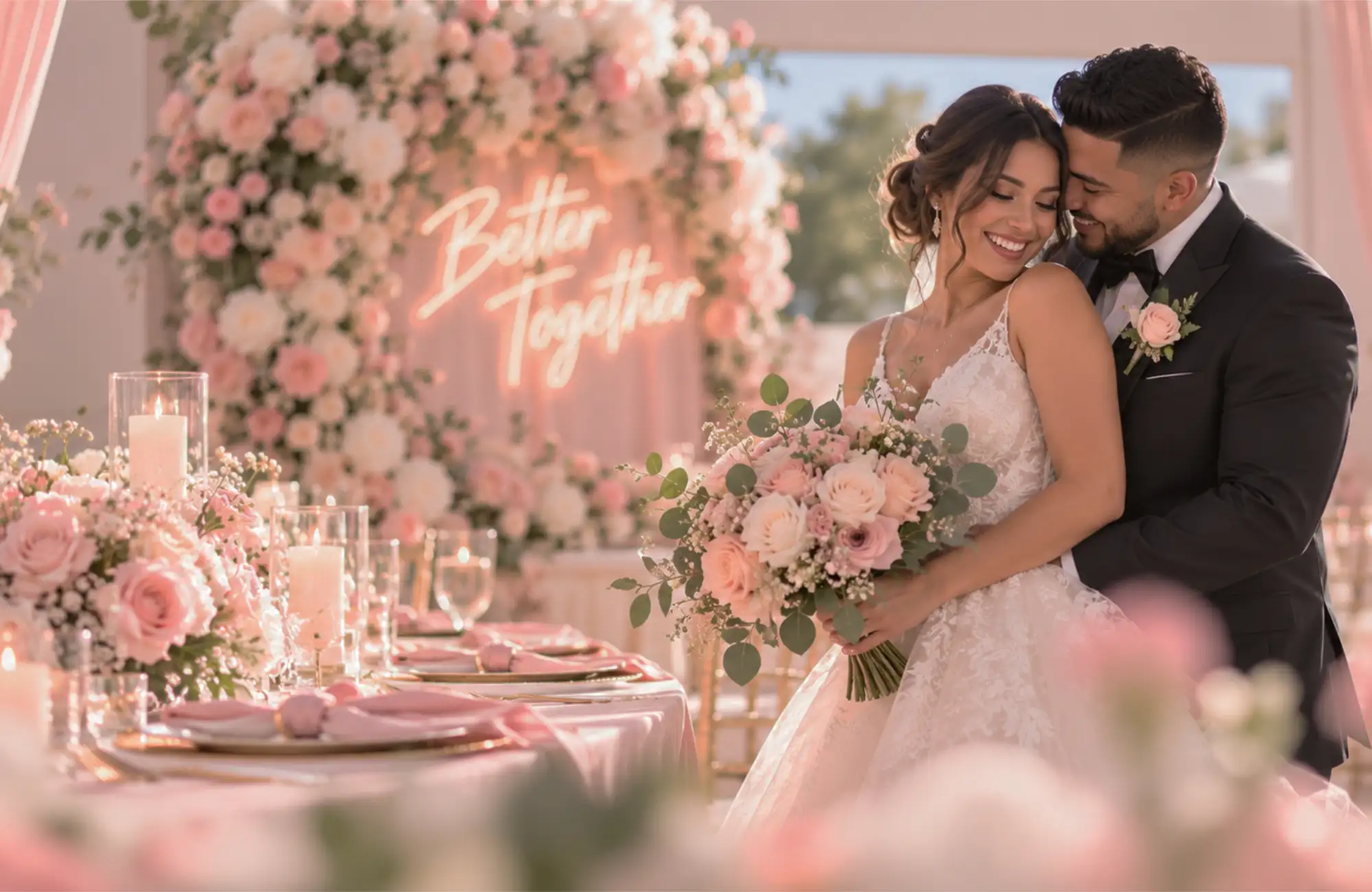 A bride and groom embracing beside a candlelit reception table with a blush floral arch and a Better Together neon sign